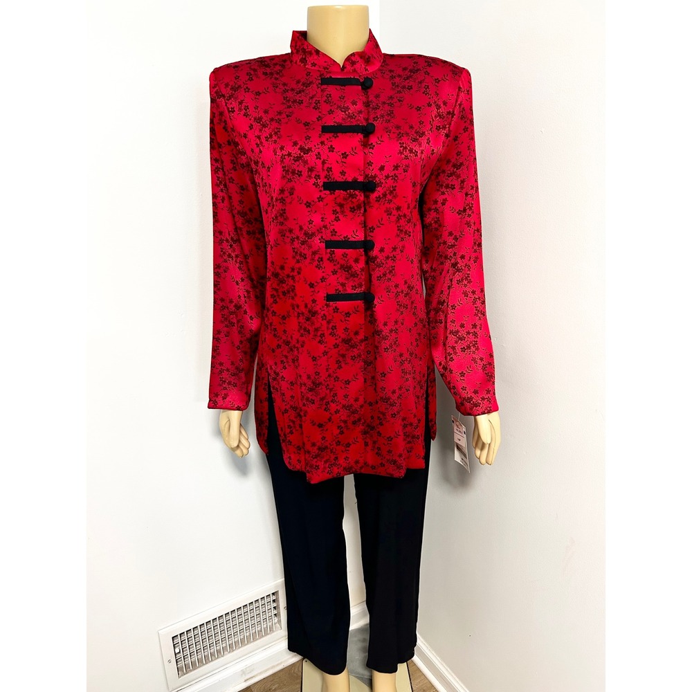 Dawn Joy II Vintage Red Floral Jacquard Frog Closure Tunic & Pants Set 14P NEW